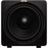 Czarny subwoofer z dużym głośnikiem centralnym, otoczony ciemną obudową z widocznym logo "velodyne" na górze. Produkt ma eleganckie, zaokrąglone rogi i wykończenie w ciemnym drewnie.