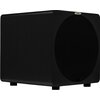 Czarny subwoofer o prostokątnym kształcie z zaokrąglonymi krawędziami, z dużą okrągłą maskownicą z przodu. Na górnej krawędzi znajduje się mała plakietka z napisem "velodyne".