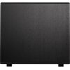 Czarny subwoofer o prostokątnym kształcie z widoczną teksturą drewna na powierzchni. Produkt stoi na małych nóżkach, a jego powierzchnia jest gładka i jednolita.