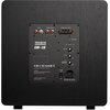 Czarny subwoofer z panelem tylnym zawierającym złącza i pokrętła do regulacji. Widoczne napisy to: "Velodyne", "DB-15", "CE", "FCC", "RoHS", oraz oznaczenia wejść i wyjść, takie jak "LINE IN", "SUBWOOFER OUT", "VOLUME", "PHASE", "LOW-PASS FREQUENCY", "POW