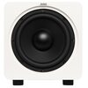 Biały subwoofer z dużym, czarnym głośnikiem centralnym, umieszczony na dwóch nóżkach. Na górze obudowy widoczne jest logo "velodyne".