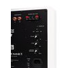 Czarny panel tylni subwoofera z białą obudową, zawierający złącza "SUBWOOFER/LFE" oznaczone jako "IN" i "OUT", wejścia "SPEAKER LEVEL INPUT" z oznaczeniami "+ R - L +", oraz pokrętła do regulacji "VOLUME", "PHASE" i "LOW-PASS FREQUENCY". Widoczne są także