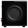 Czarny subwoofer o połyskującym wykończeniu z widocznym głośnikiem w centralnej części. Po lewej stronie znajdują się dwa czerwone złącza.