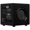 Czarny subwoofer w połysku z widocznym panelem tylnym, na którym znajdują się złącza audio, przełączniki oraz napisy: "Velodyne Acoustics MiniVee X". Na panelu widoczne są również różne oznaczenia techniczne i ostrzeżenia.