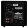 Czarny panel tylni subwoofera z widocznymi złączami audio, pokrętłami i przełącznikami, oznaczony logo "Velodyne Acoustics MiniVee X". Na panelu znajdują się napisy dotyczące specyfikacji technicznej, ostrzeżenia o ryzyku porażenia prądem oraz informacje 