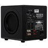 Czarny subwoofer o połyskującym wykończeniu z widocznym panelem tylnym, na którym znajdują się różne złącza i pokrętła. Na panelu widoczny jest napis "Velodyne Acoustics MiniVee X" oraz różne oznaczenia techniczne i ostrzeżenia.