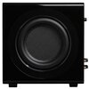 Czarny subwoofer o połyskującym wykończeniu z widocznym centralnie umieszczonym głośnikiem. Po bokach znajdują się złącza audio.