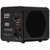 Czarny subwoofer w połysku z widocznym panelem tylnym, na którym znajdują się różne złącza i pokrętła. Na panelu widoczny jest tekst: "Velodyne Acoustics MicroVee-X", a także oznaczenia certyfikatów CE, FCC, RoHS i inne informacje techniczne.