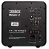 Czarny panel tylni subwoofera z logo "Velodyne Acoustics MicroVee-X" oraz różnymi złączami i pokrętłami, w tym wejściami RCA, pokrętłem "Crossover Frequency" i przełącznikiem zasilania. Widoczne są także oznaczenia certyfikatów EAC, CE, FCC, RoHS oraz ost