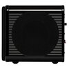 Czarny subwoofer o błyszczącej powierzchni z widoczną dużą, okrągłą membraną na froncie, otoczony poziomymi, srebrnymi liniami. Na boku znajdują się przyciski i złącza.