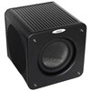 Czarny subwoofer o kwadratowym kształcie z widocznym głośnikiem na przedniej stronie, otoczony metalową siatką. Na górnej części znajduje się logo z napisem "Velodyne".