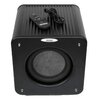 Czarny subwoofer z widoczną metalową siatką na przednim panelu oraz logo "Velodyne" na górnej części obudowy. Na górze urządzenia znajduje się pilot zdalnego sterowania z trzema przyciskami oraz zwinięty kabel.