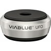 Srebrny tłumik drgań o okrągłym kształcie z czarną górną i dolną powierzchnią, na którym widnieje napis "VIABLUE™ UFO". Produkt ma gładką, metaliczną powierzchnię i jest przeznaczony do redukcji wibracji.