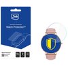 Niebieskie opakowanie z białym logo "3mk" i napisem "premium protection Watch Protection™" oraz ilustracją zegarka z nałożoną folią ochronną. Obok znajduje się zegarek z różowym paskiem, na którego tarczy widoczna jest grafika tarczy w kolorach żółtym i n