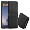 Czarne etui TECH-PROTECT Wallet do Samsung Galaxy Z Flip 6/7 FE, z widocznym logo "TECH-PROTECT" w górnym rogu, prezentowane w dwóch pozycjach: otwartej z telefonem w środku oraz zamkniętej. W otwartej części etui znajduje się małe okienko z fotografią pr