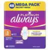 Opakowanie podpasek Always Platinum Normal Rozmiar 1 zawiera 48 sztuk i jest oznaczone jako "Mega Pack". Na opakowaniu widnieją napisy: "Protection & Comfort", "Contour Flex™", oraz "48 Ultra Pads Absorbante".