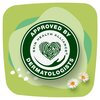Na zdjęciu znajduje się podpaska z wzorem w liście i kwiaty, umieszczona na zielonym tle. Obok podpaski widnieje tekst: "SOFT AND FLEXIBLE ADAPTS TO BODY".