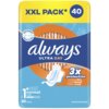 Opakowanie podpasek Always Ultra Day XXL Pack zawiera 40 sztuk i oferuje 3x ochronę z technologiami InstantDry, LeakGuard i OdourLock. Na opakowaniu widnieje napis "1 normal wings" oraz informacja o 50% zrecyklingowanego plastiku w opakowaniu zewnętrznym.