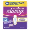 Opakowanie podpasek Always Platinum Super Extra Rozmiar 3 zawiera 36 sztuk i jest oznaczone jako "Mega Pack". Na opakowaniu widnieją napisy: "PLATINUM always", "PROTECTION & COMFORT", "CONTOUR FLEX™", oraz "36 ULTRA PADS ABSORBANTE".