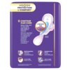 Fioletowe opakowanie podpasek z grafiką przedstawiającą podpaskę oraz tekstem: "PROTECTION & COMFORT", "CONTOUR FLEX CORE", "Stays close, and in-sync with your body, to lock leaks & wetness", "Soft Protective Toplayer", "Instant Dry", "Comfort Lock Wings"