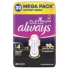 Opakowanie podpasek Always Platinum Secure Night Rozmiar 4 zawiera 30 sztuk i jest oznaczone jako "Mega Pack". Na opakowaniu widnieje napis "Up to 10H Protection & Comfort" oraz ilustracja podpaski.