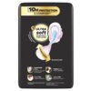 Czarne opakowanie podpasek z napisem "UP TO 10H PROTECTION & COMFORT" oraz grafiką przedstawiającą podpaskę z opisem "ULTRA soft protective TOPLAYER" i strzałką z napisem "LARGER BACK". Na dole znajdują się ikony z opisami: "Comfortable Wings", "Instant D