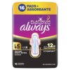 Opakowanie podpasek Always Platinum Secure Night Extra Rozmiar 5 zawiera 16 sztuk, z napisem "UP TO 12H PROTECTION & COMFORT" oraz grafiką podpaski na tle fioletowo-czarnej kolorystyki. Na górze widnieje napis "16 PADS • ABSORBANTE".