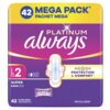 Opakowanie podpasek z napisem "42 MEGA PACK PACHET MEGA" na żółtym tle oraz "PLATINUM always" na fioletowym tle. Widoczne są również oznaczenia "SIZE 2", "SUPER", "PROTECTION & COMFORT", "CONTOUR FLEX" oraz "42 ULTRA PADS ABSORBANTE".