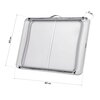 Zdjęcie przedstawia złożony stolik kempingowy w kolorze niebieskim z wymiarami 80 x 60 x 5 cm. Na zdjęciu widoczne są metalowe elementy konstrukcji oraz uchwyt do przenoszenia.