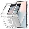Przezroczyste etui TECH-PROTECT Flexair Hybrid MagSafe do Samsung Galaxy Z Flip 6/7 FE jest pokazane na tle telefonu, z widocznym okrągłym wzorem MagSafe. Na etui znajduje się napis "TECH-PROTECT".