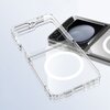 Przezroczyste etui TECH-PROTECT Flexair Hybrid MagSafe do Samsung Galaxy Z Flip 6/7 FE leży na powierzchni, obok telefonu z widocznym obiektywem aparatu. Etui ma wycięcia na aparat i zawias, a na jego powierzchni widoczny jest okrągły wzór MagSafe.