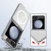 Przezroczyste etui TECH-PROTECT Flexair Hybrid MagSafe do Samsung Galaxy Z Flip 6/7 FE jest pokazane w dwóch ujęciach: otwarte z widocznym okręgiem MagSafe oraz zamknięte z widocznymi aparatami i ekranem. Na zdjęciu widać również zbliżenie na narożnik etu