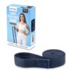 Na zdjęciu znajduje się niebieskie opakowanie z napisem "SPOKEY LIVE WITH PASSION" oraz "FABRIC RESISTANCE BAND COTI FLEX HEAVY 12-17 kg", a poniżej widoczna jest rozwinięta, granatowa guma do ćwiczeń z etykietą "SPOKEY 12-17 KG HEAVY". Na opakowaniu znaj