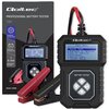 Tester akumulatorów Qoltec 50686 z wyświetlaczem LCD pokazującym menu główne z opcjami testu, obok opakowanie z grafiką urządzenia i napisami "Professional Battery Tester", "12V", "8-30V Operating Voltage". Na testerze widoczne są przyciski nawigacyjne or