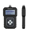 Tester akumulatorów z wyświetlaczem LCD pokazującym menu z opcjami: "1. Quick test, 2. Battery in Vehicle, 3. Out of Vehicle, 4. Voltmeter, 5. Review Data, 6. System Setup". Na obudowie widoczne są przyciski nawigacyjne oraz napis "BATTERY TESTER", a nad 