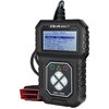 Czarny tester diagnostyczny z wyświetlaczem LCD, na którym widnieje menu z opcjami: "1. Quick test, 2. Battery in Vehicle, 3. Out of Vehicle, 4. Voltmeter, 5. Review Data, 6. System Setup". Na obudowie znajduje się logo "Qoltec" oraz przyciski nawigacyjne