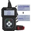 Na zdjęciu znajduje się tester diagnostyczny z wyświetlaczem, na którym widnieje napis "OBD2/EOBD Code Reader" oraz symbole strzałek i przycisków. Obok urządzenia pokazane są zbliżenia ekranu z tekstami: "Menu diagnostyczne", "Łączenie z systemem", "KWP 5