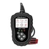 Czarny tester diagnostyczny z wyświetlaczem, na którym widoczne są ikony i napisy: "DTC Lookup", "OBDII/EOBD", "Ready Test", "Setup", "Cranking Test", "Charging Test". Na obudowie znajduje się logo "Qoltec", a poniżej przyciski funkcyjne i wskaźniki.