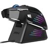 Czarna mysz komputerowa z podświetleniem RGB umieszczona na stacji dokującej, również z podświetleniem. Na stacji widoczne jest logo "msi".