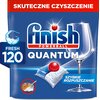Opakowanie kapsułek do zmywarki z napisem "FINISH Powerball Quantum" oraz "FRESH 120". Na górze widnieje czerwony pasek z napisem "SKUTECZNE CZYSZCZENIE", a na dole znajduje się napis "SZYBKIE ROZPUSZCZANIE" obok grafiki kapsułki i kieliszka.