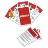 Na zdjęciu widoczne są karty z gry Monopoly, z centralnie umieszczoną kartą z napisem "PREMIA" oraz kartą z napisem "PRZYPOMNIENIE ZASAD" zawierającą tekst dotyczący zasad gry. Na kartach znajdują się ilustracje i napisy, takie jak "Idź na start!" oraz "M