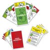 Na zdjęciu widoczne są karty z dodatku do gry Monopoly, w tym zielona karta z napisem "WYPRZEDAŻ" oraz czerwona karta z napisem "KARTA WŁASNOŚCI". Obok znajdują się żółte karty z napisem "PRZYPOMNIENIE ZASAD", a na jednej z nich widnieje tekst dotyczący i