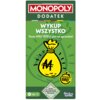 Zielone opakowanie dodatku do gry Monopoly z napisem "MONOPOLY DODATEK WYKUP WSZYSTKO Teraz WSZYSTKO jest na sprzedaż!" oraz grafiką żółtego worka z symbolem dolara. Na dole znajduje się informacja: "Do gry wymagana jest klasyczna edycja Monopoly" i logo 