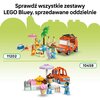 Na zdjęciu znajdują się dwa zestawy klocków LEGO przedstawiające scenki z postaciami i pojazdami. Na górze widnieje napis: "Sprawdź wszystkie zestawy LEGO Bluey, sprzedawane oddzielnie", a obok zestawów znajdują się numery "11202" i "10458".