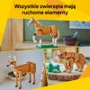 Na zdjęciu widoczne są trzy modele zwierząt z klocków LEGO, w tym koń, jeleń i niedźwiedź, ustawione na różnych powierzchniach. Na górze zdjęcia znajduje się tekst: "Wszystkie zwierzęta mają ruchome elementy".