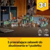 Na zdjęciu znajduje się zestaw klocków LEGO przedstawiający nawiedzoną rezydencję, pociąg i statek, ustawiony na stole w pomieszczeniu z półkami w tle. Na dole zdjęcia widnieje napis: "3 przerażające zabawki do zbudowania w 1 pudełku", a obok znajdują się