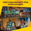 Na zdjęciu widoczne są trzy różne konstrukcje z klocków LEGO, przedstawiające lokomotywę, nawiedzoną rezydencję i statek, z figurkami duchów i postaci w strojach halloweenowych. Na żółtym tle znajduje się tekst: "Dzieci mogą odgrywać 3 różne straszne przy
