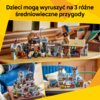 Na zdjęciu widoczny jest zestaw klocków LEGO przedstawiający średniowieczny zamek z różnymi elementami, takimi jak wiatrak i postacie rycerzy. Na górze zdjęcia znajduje się tekst: "Dzieci mogą wyruszyć na 3 różne średniowieczne przygody".
