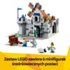 Na zdjęciu znajduje się zestaw LEGO przedstawiający średniowieczny zamek z wiatrakiem oraz minifigurki rycerzy i innych postaci. Na dole widnieje tekst: "Zestaw LEGO zawiera 6 minifigurek średniowiecznych postaci".