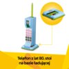 Zestaw klocków przedstawia niebieski telefon w stylu retro z lat 80., stojący na bazie ładującej. Na dole zdjęcia znajduje się napis: "Telefon z lat 80. stoi na bazie ładującej".
